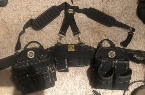 Brand new Rack-A-Tier Electrician tool belt/ side pouches and suspenders. Size XL
